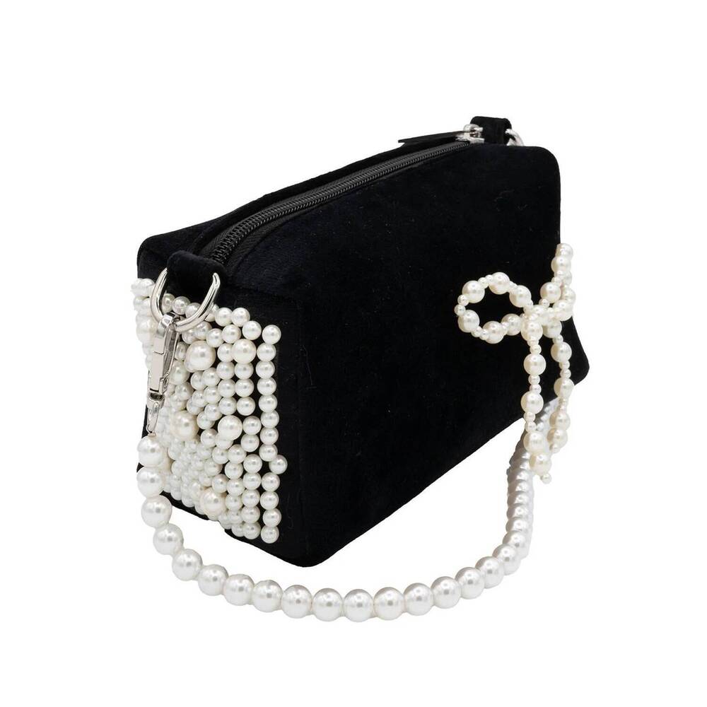 NEW BARI LYNN women's bag velvet with pearl bow in black